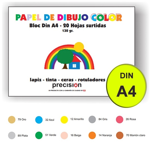 Bloc de 20 hojas - Din A4 PARA DIBUJO Papel en Colores Oro, Plata o Surtido  de 10 colores - Comercial Antonio Garriga .